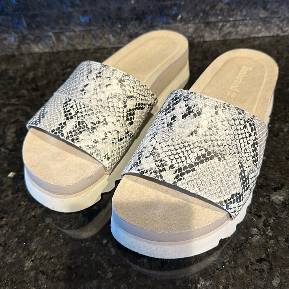 Ladies Timberland snake print slip on sandals, size 7, worn once.